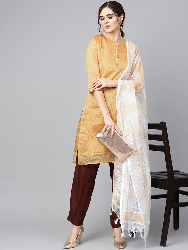 Mustard brown chanderi straight kurta with lining with solid chocolate brown rayon pants with Kotadoriya dupatta | NOZ2TOZ - Made In INDIA.