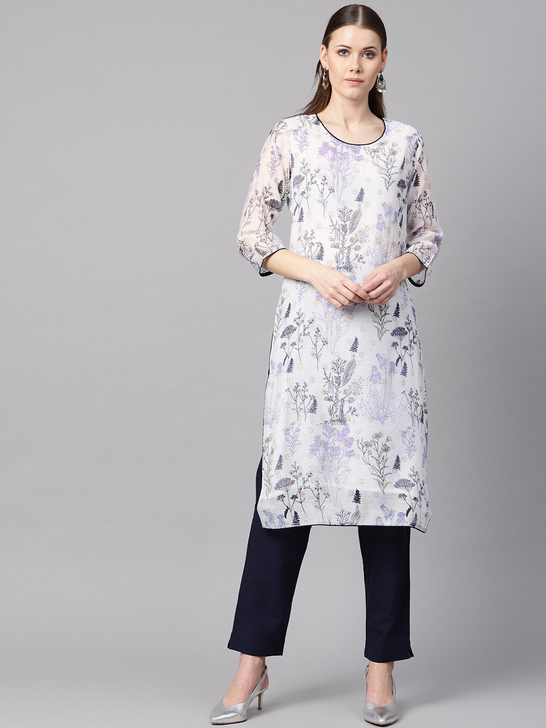 Floral printed chanderi 3/4th sleeve Kurta with lining with Solid Navy Blue Pants | NOZ2TOZ - Made In INDIA.