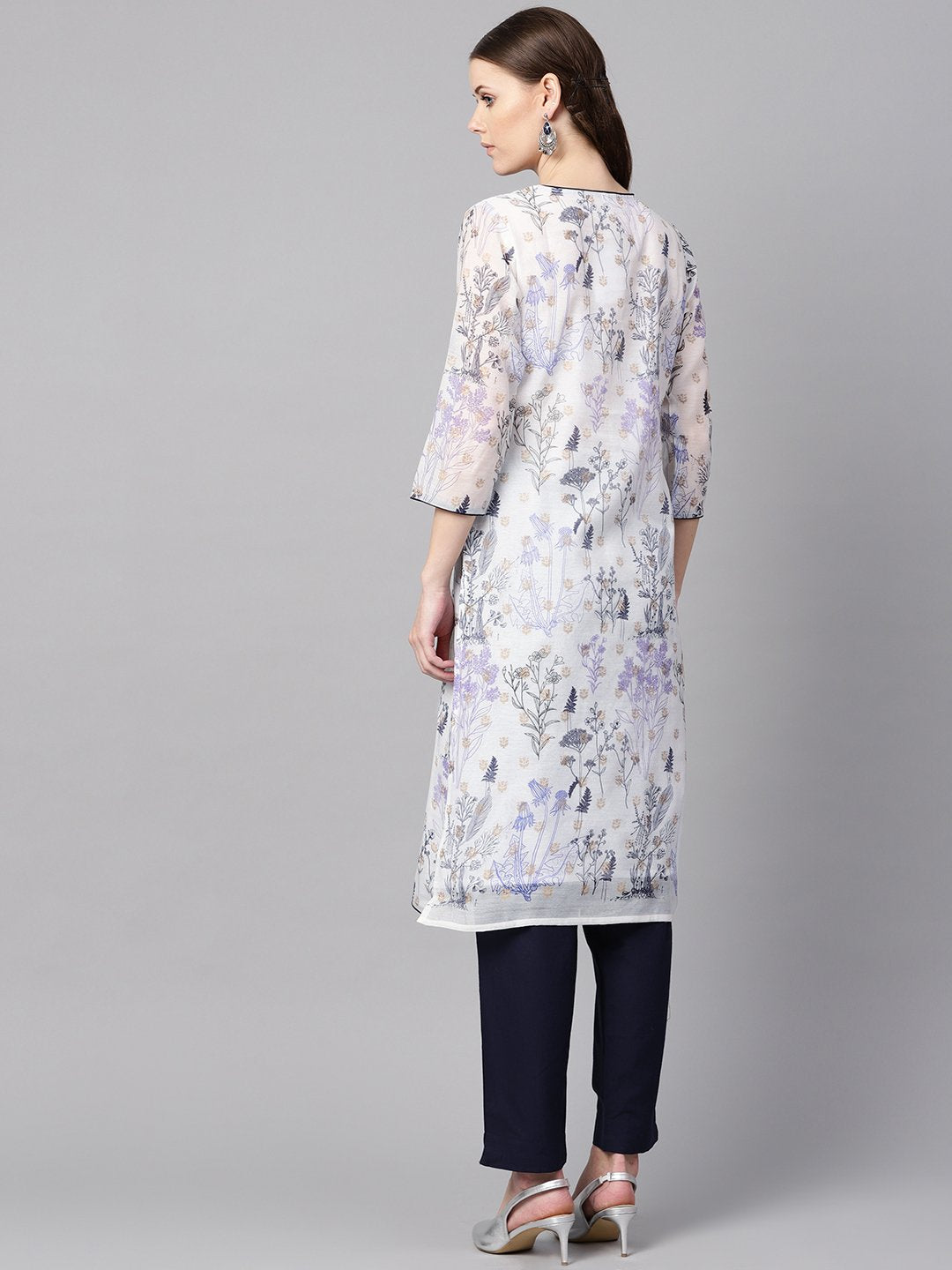 Floral printed chanderi 3/4th sleeve Kurta with lining with Solid Navy Blue Pants | NOZ2TOZ - Made In INDIA.