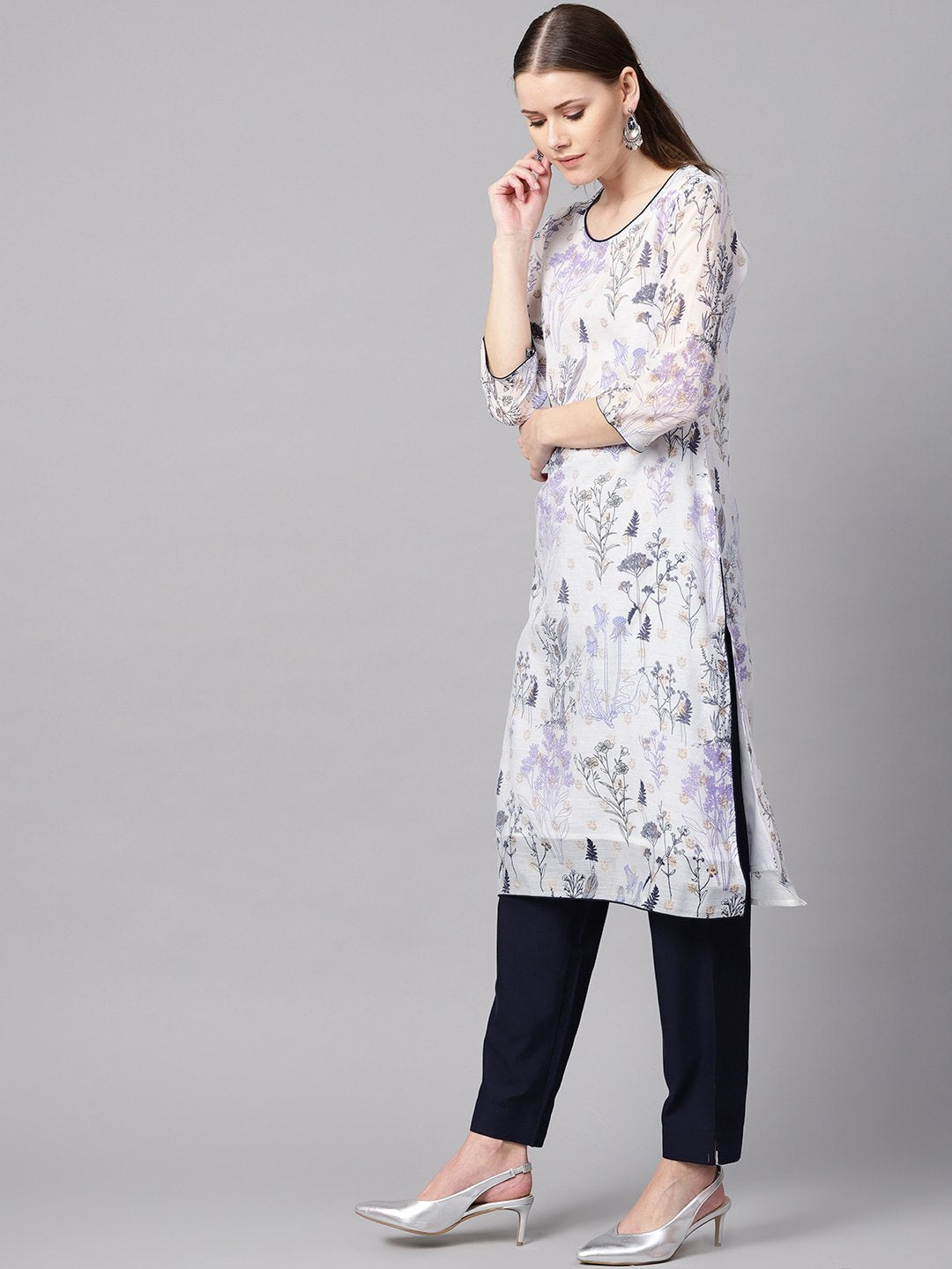 Floral printed chanderi 3/4th sleeve Kurta with lining with Solid Navy Blue Pants | NOZ2TOZ - Made In INDIA.