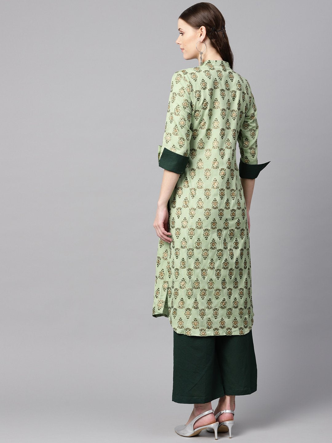 Green floral print V-neck collared 3/4th sleeve straight kurta with revesible cuff detailing solid palazzo. | NOZ2TOZ - Made In INDIA.