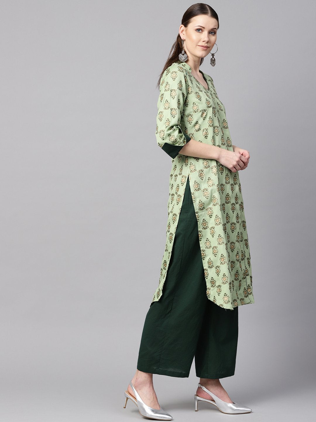 Green floral print V-neck collared 3/4th sleeve straight kurta with revesible cuff detailing solid palazzo. | NOZ2TOZ - Made In INDIA.