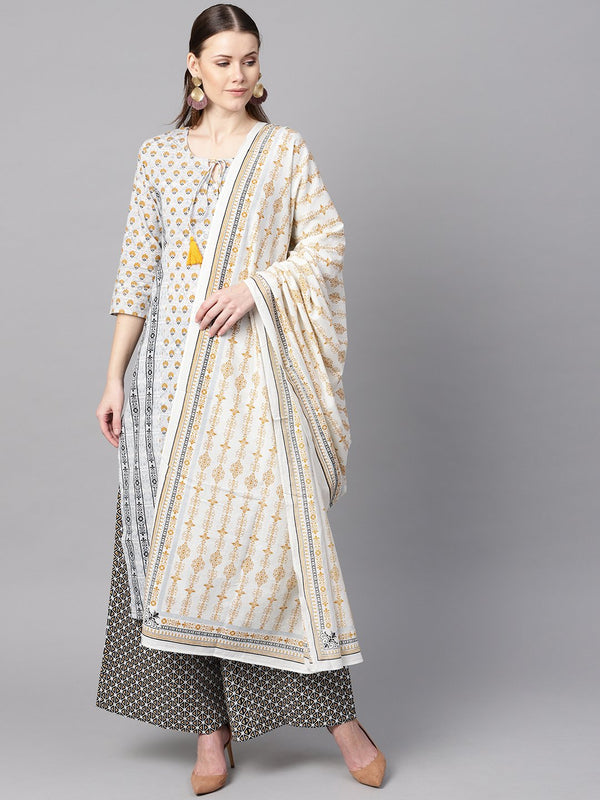 Light grey printed round neck with slit and hangings 3/4th sleeve straight panneled kurta with printed palazzo and printed dupatta. | NOZ2TOZ - Made In INDIA.