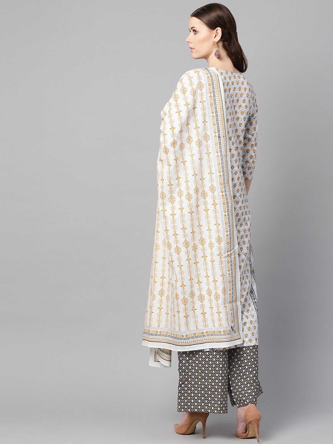 Light grey printed round neck with slit and hangings 3/4th sleeve straight panneled kurta with printed palazzo and printed dupatta. | NOZ2TOZ - Made In INDIA.