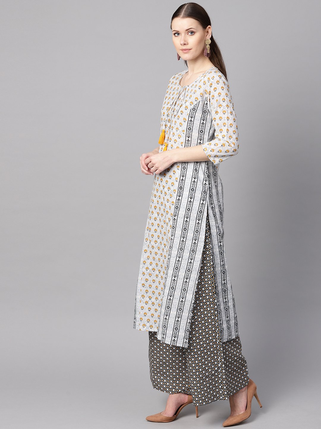 Light grey printed round neck with slit and hangings 3/4th sleeve straight panneled kurta with printed palazzo and printed dupatta. | NOZ2TOZ - Made In INDIA.