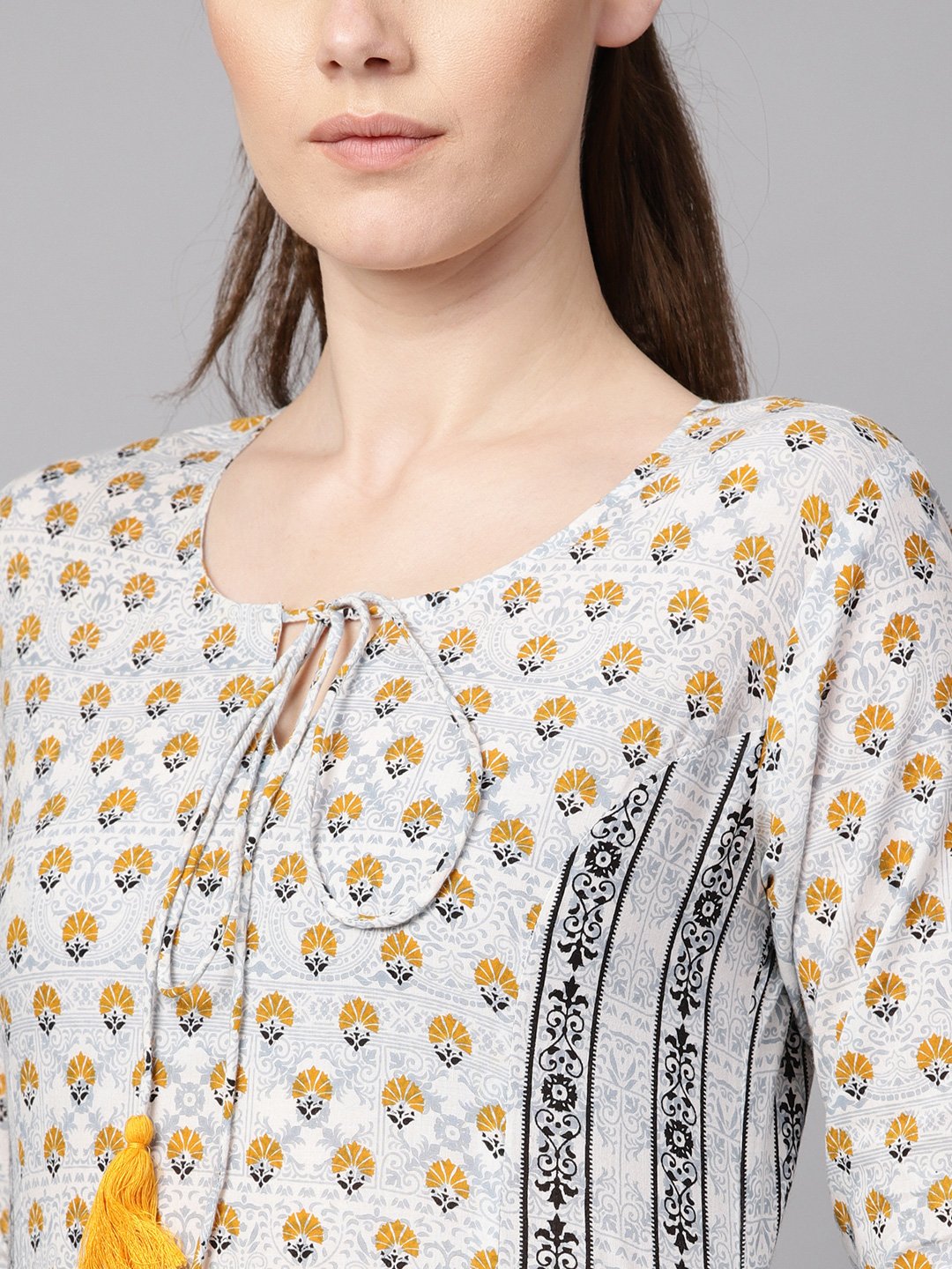 Light grey printed round neck with slit and hangings 3/4th sleeve straight panneled kurta with printed palazzo and printed dupatta. | NOZ2TOZ - Made In INDIA.