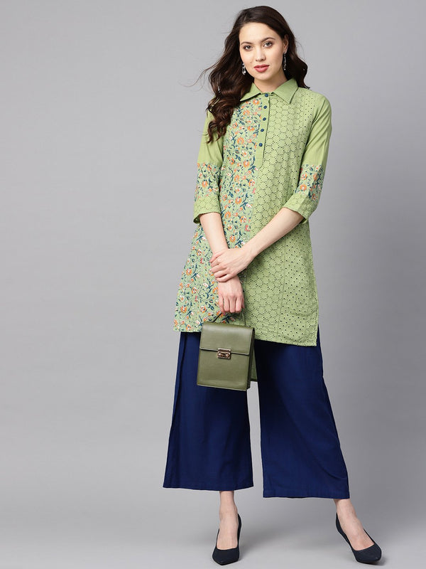 Green floral printed with schiffli high-low 3/4th sleeve kurta | NOZ2TOZ - Made In INDIA.