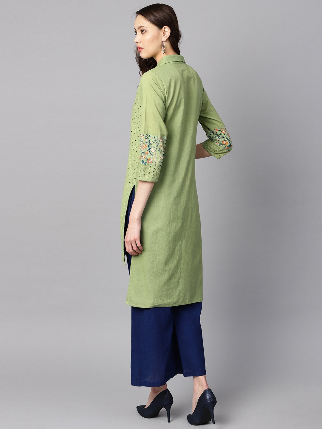 Green floral printed with schiffli high-low 3/4th sleeve kurta | NOZ2TOZ - Made In INDIA.