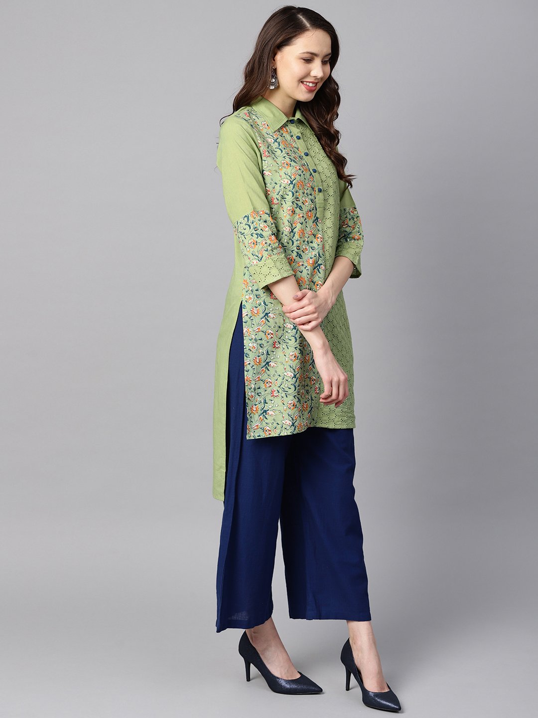 Green floral printed with schiffli high-low 3/4th sleeve kurta | NOZ2TOZ - Made In INDIA.