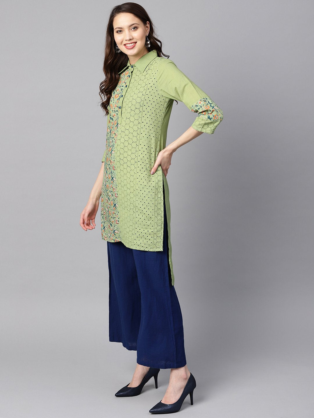 Green floral printed with schiffli high-low 3/4th sleeve kurta | NOZ2TOZ - Made In INDIA.