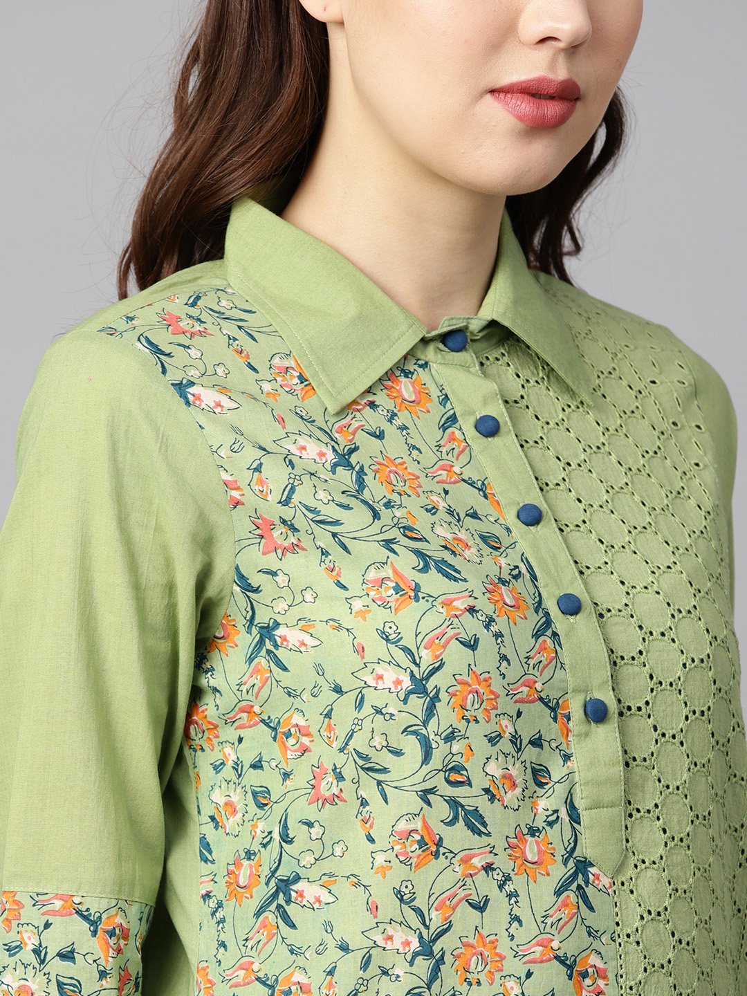 Green floral printed with schiffli high-low 3/4th sleeve kurta | NOZ2TOZ - Made In INDIA.