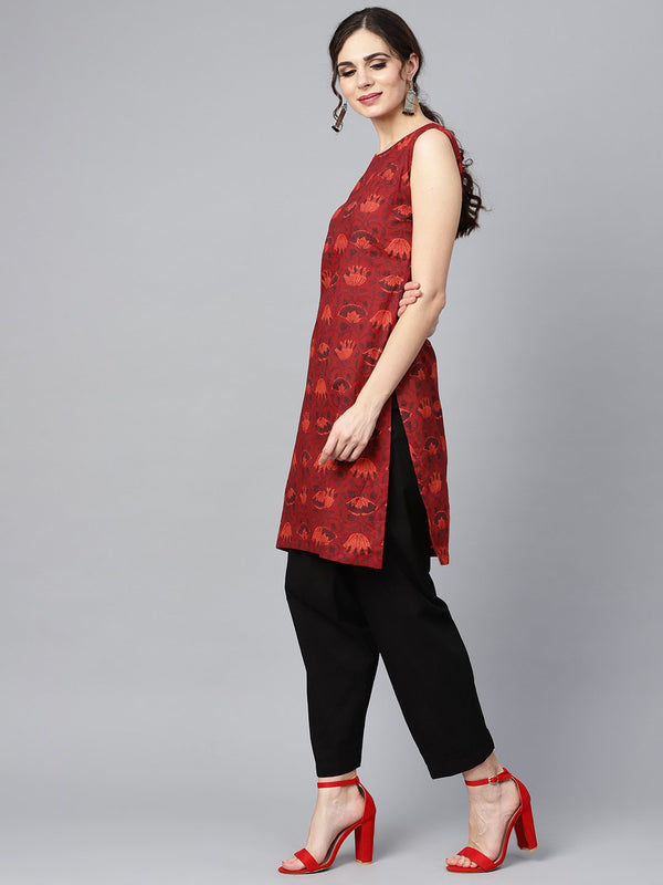 Maroon round neck sleeveless floral printed kurta with black salwar | NOZ2TOZ - Made In INDIA.