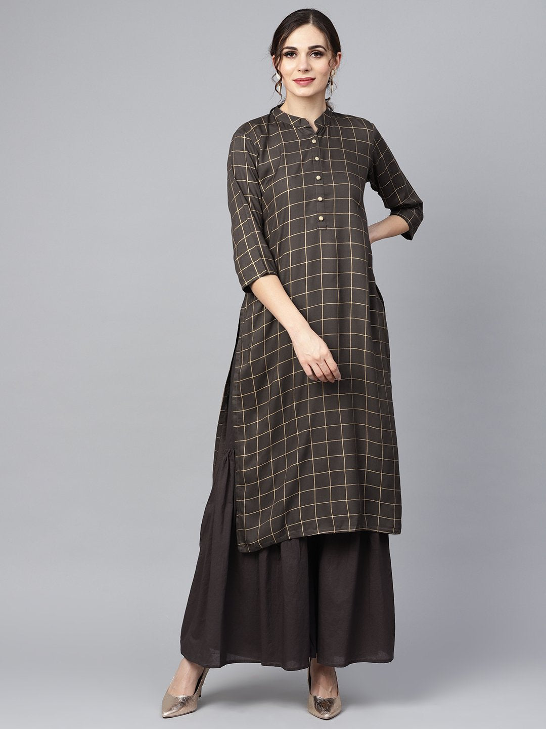 Black checkered gold printed 3/4th sleeve chinese collared button detailing kurta with solid sharara | NOZ2TOZ - Made In INDIA.