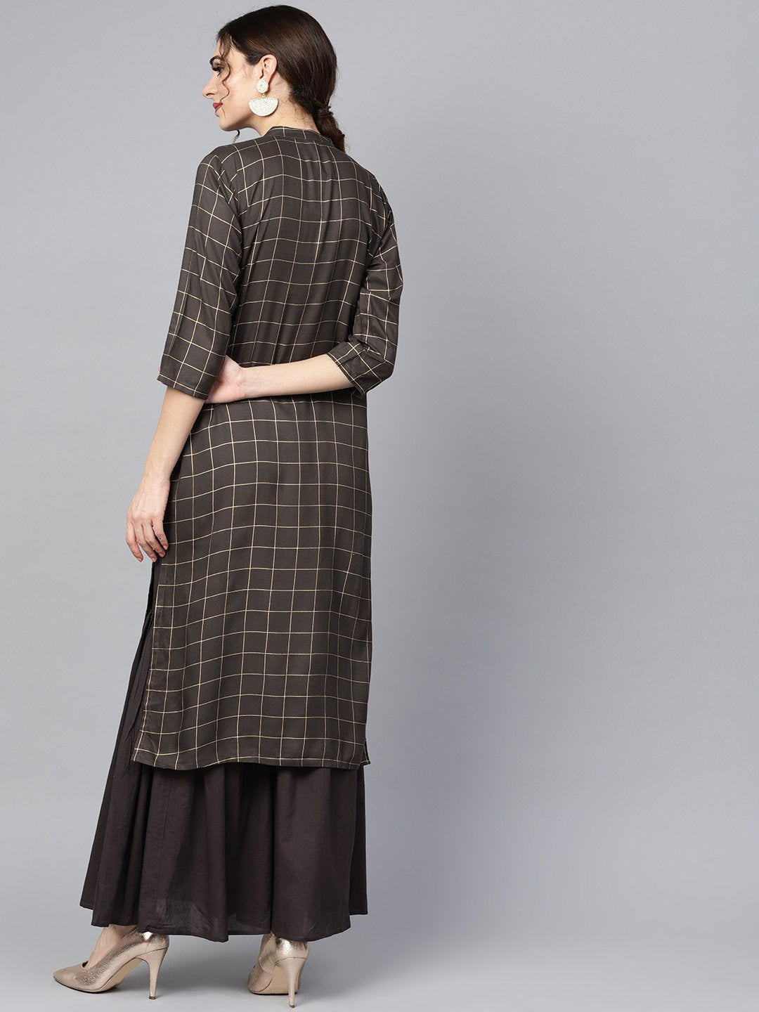 Black checkered gold printed 3/4th sleeve chinese collared button detailing kurta with solid sharara | NOZ2TOZ - Made In INDIA.