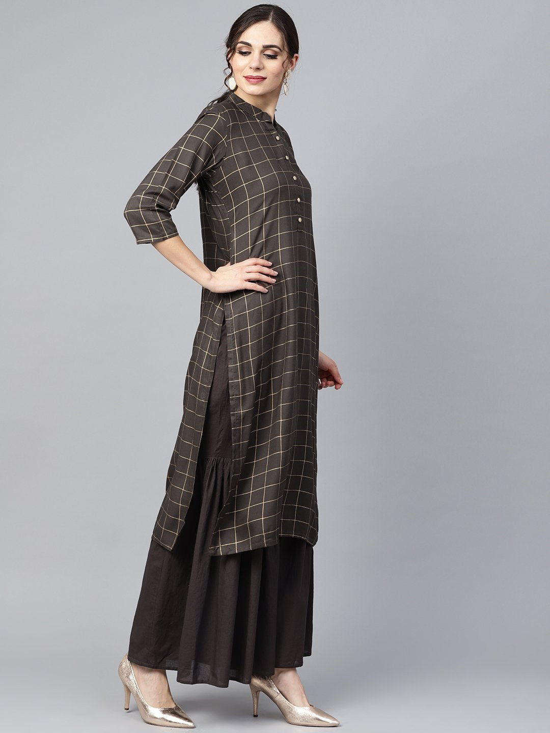 Black checkered gold printed 3/4th sleeve chinese collared button detailing kurta with solid sharara | NOZ2TOZ - Made In INDIA.