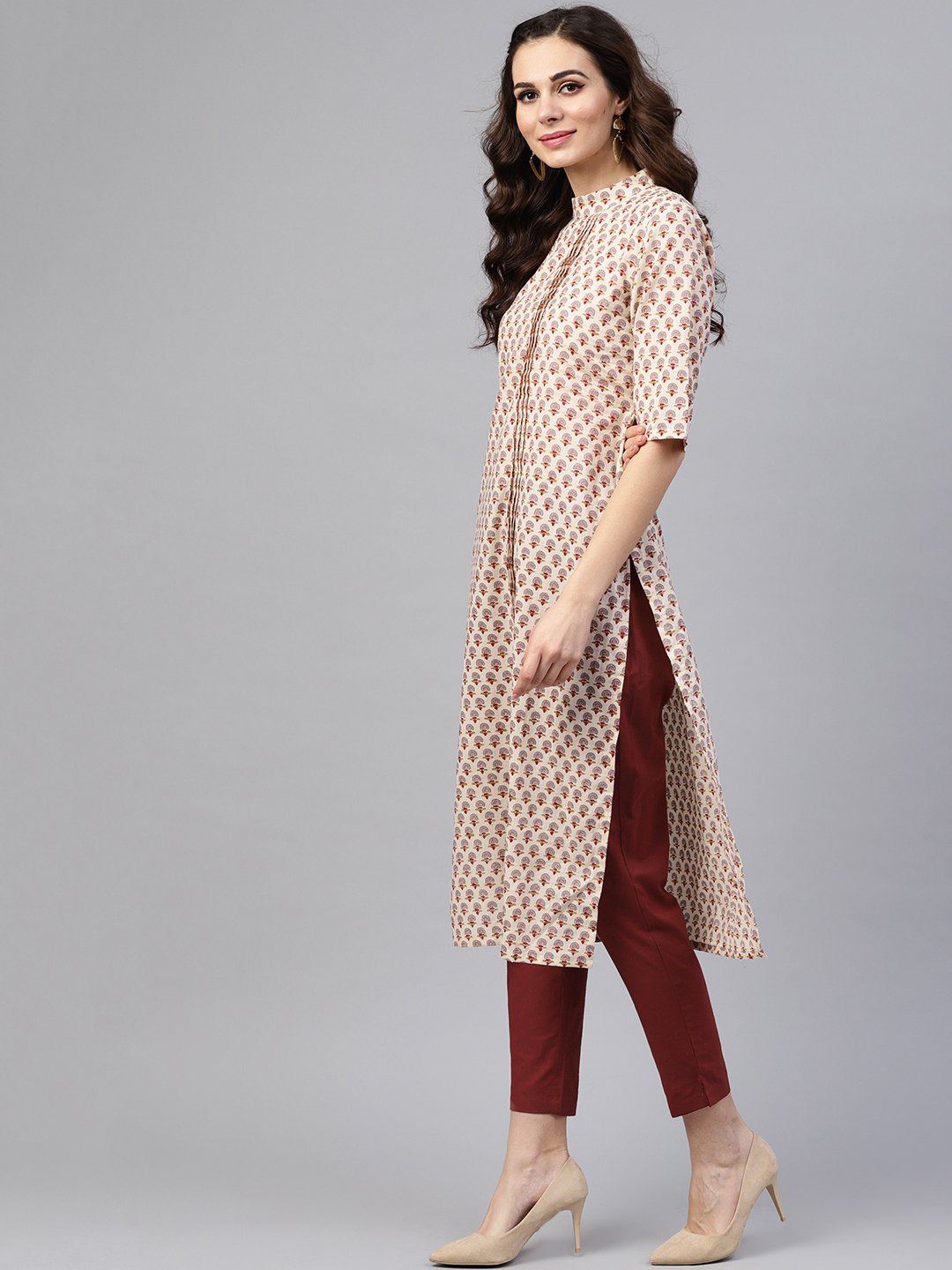 White printed closed collar with back slit opening 3/4th sleeve front pleated kurta with side pockets with solid ciggratte pants | NOZ2TOZ - Made In INDIA.