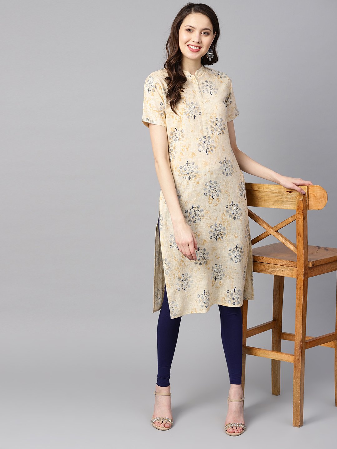 Cream printed chinese collar with placket opening half sleeves straight kurta | NOZ2TOZ - Made In INDIA.