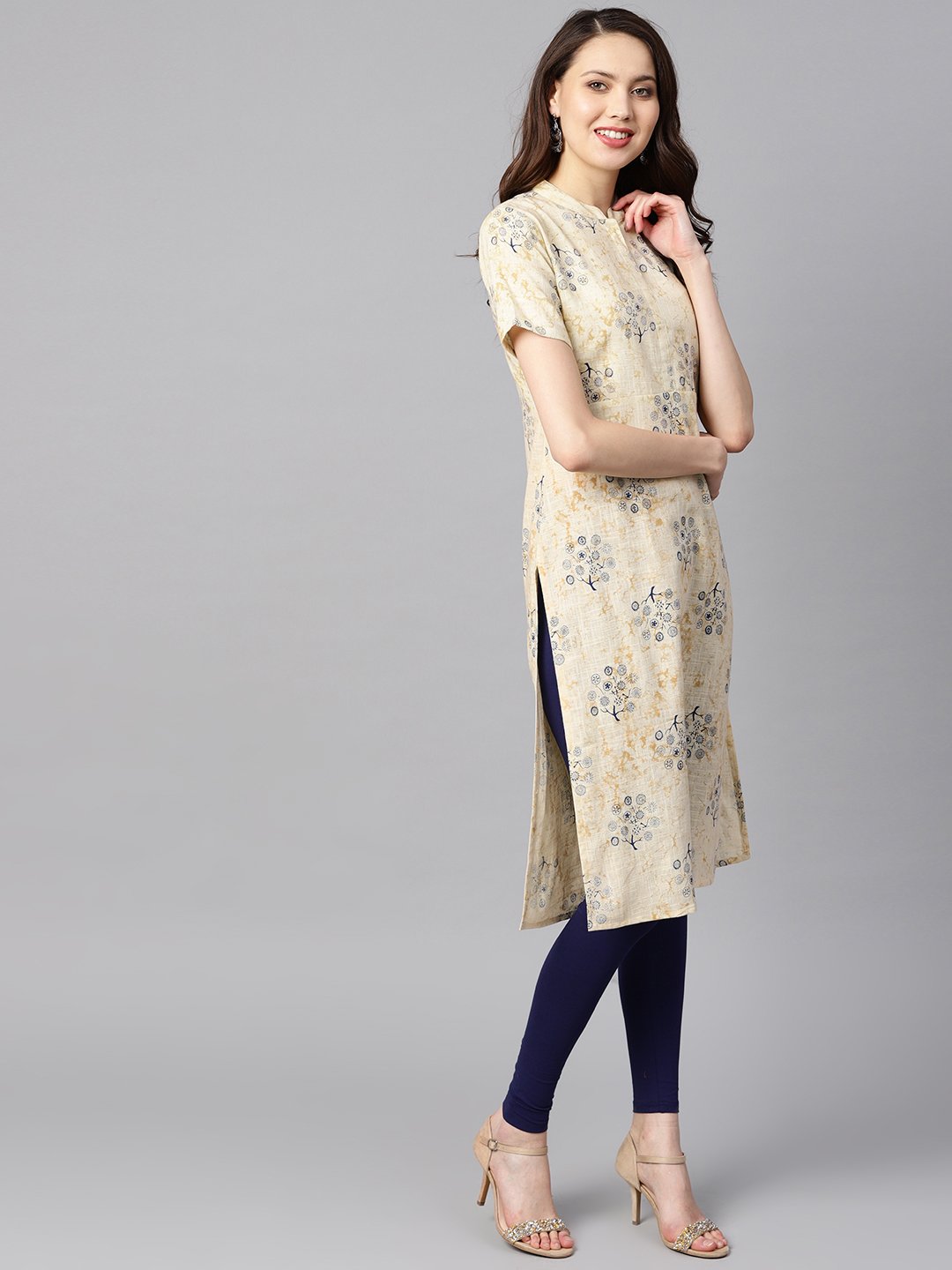 Cream printed chinese collar with placket opening half sleeves straight kurta | NOZ2TOZ - Made In INDIA.