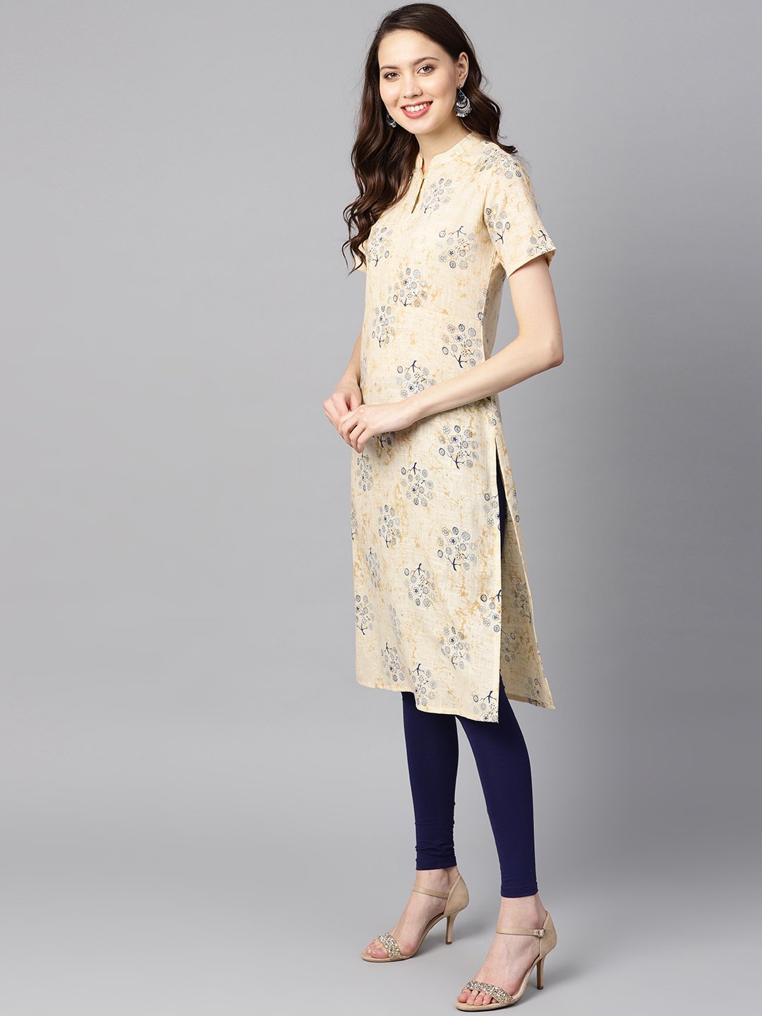 Cream printed chinese collar with placket opening half sleeves straight kurta | NOZ2TOZ - Made In INDIA.