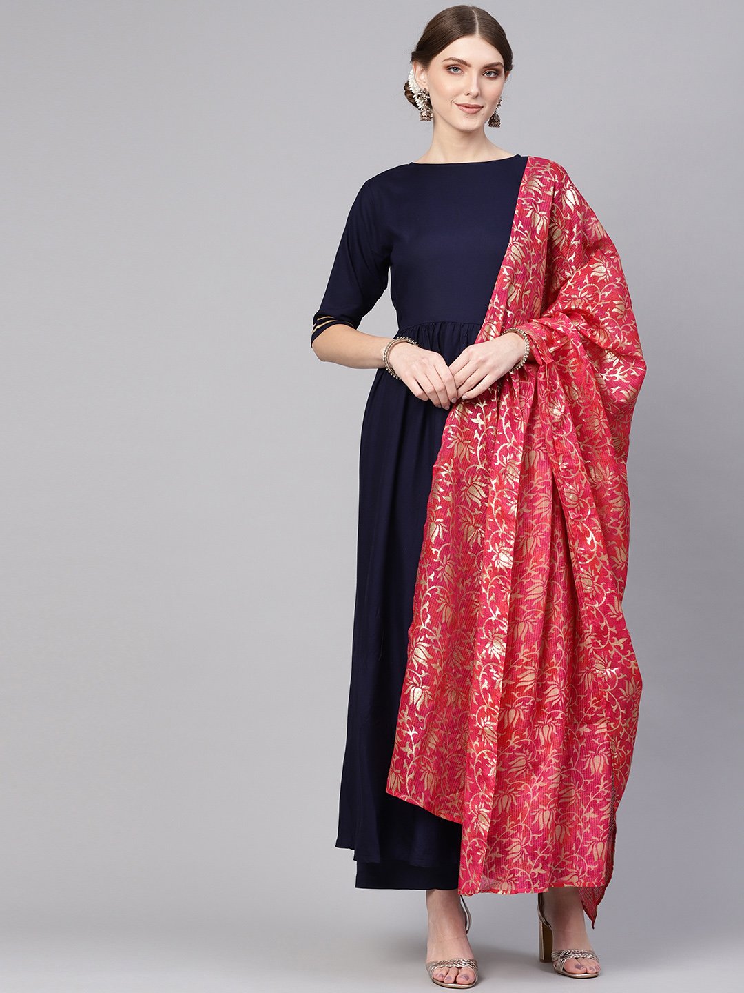 Women Navy Blue & Pink Solid Kurta with Palazzos & Dupatta | NOZ2TOZ - Made In INDIA.