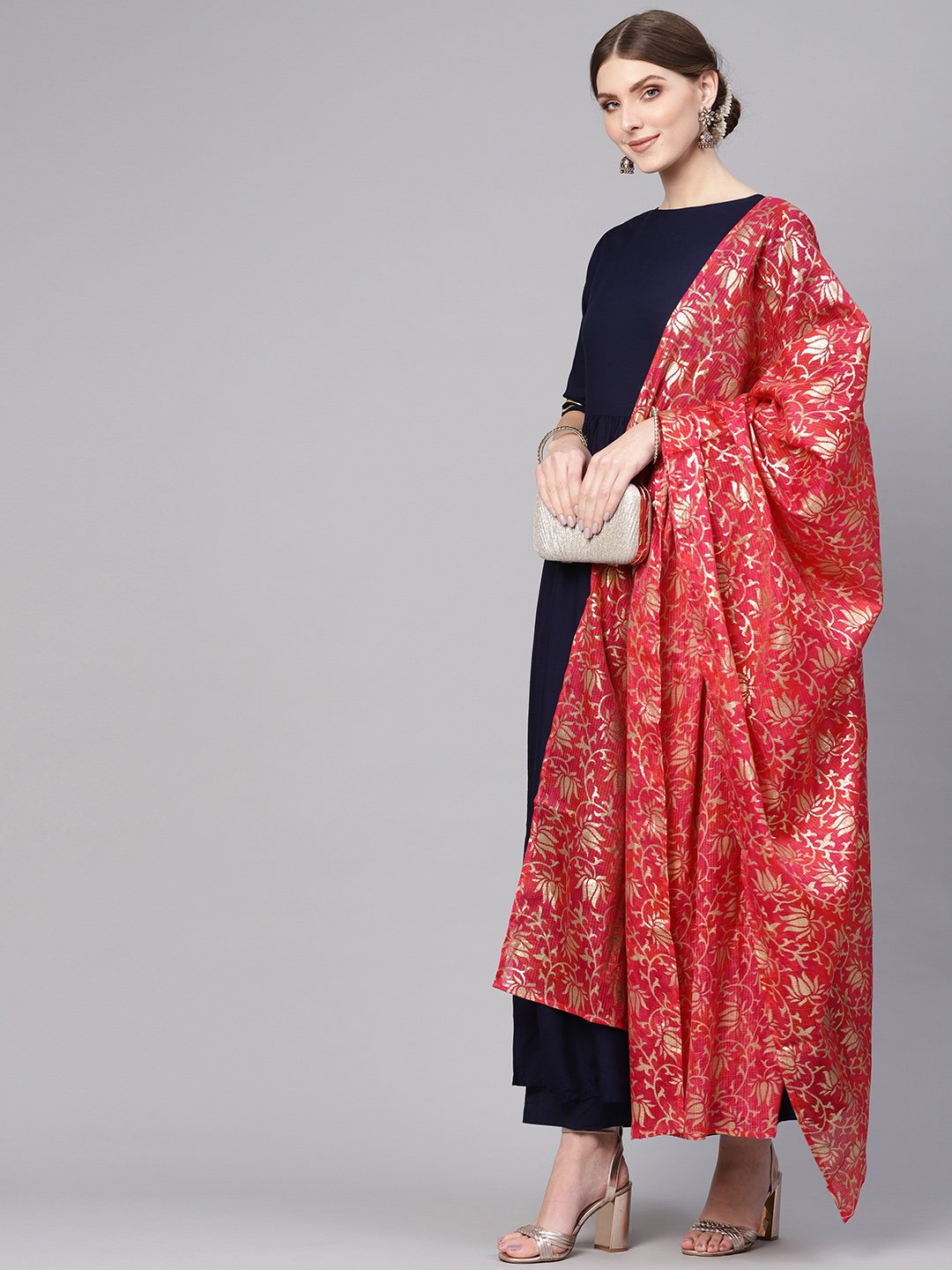 Women Navy Blue & Pink Solid Kurta with Palazzos & Dupatta | NOZ2TOZ - Made In INDIA.