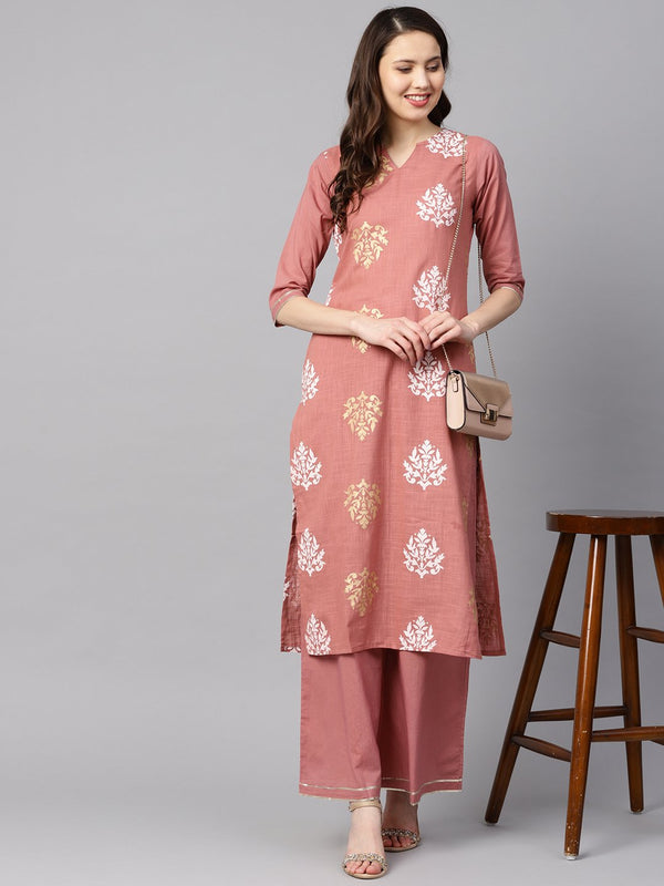 Mauve Colored Gold printed Kurta Set with Solid Palazzo Embellished with Gotta | NOZ2TOZ - Made In INDIA.