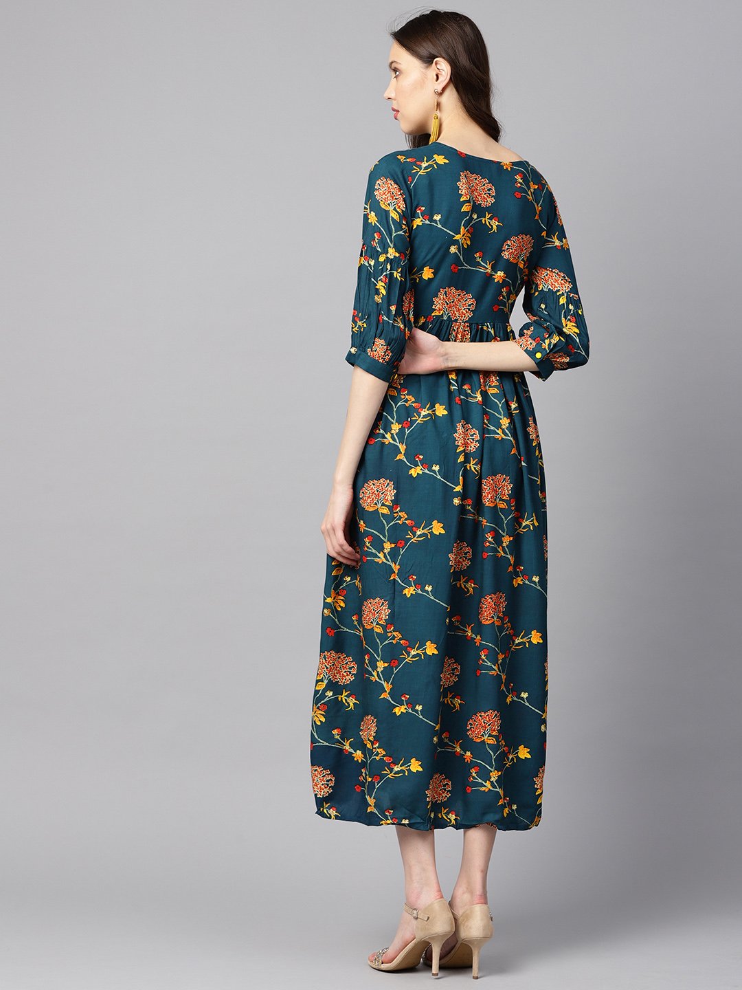 Dark teal Turquiose Floral printed maxi dress with key hole neckline & 3/4 sleeves | NOZ2TOZ - Made In INDIA.