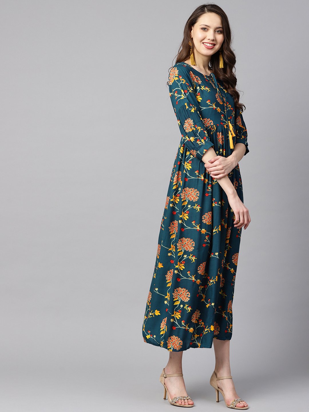 Dark teal Turquiose Floral printed maxi dress with key hole neckline & 3/4 sleeves | NOZ2TOZ - Made In INDIA.