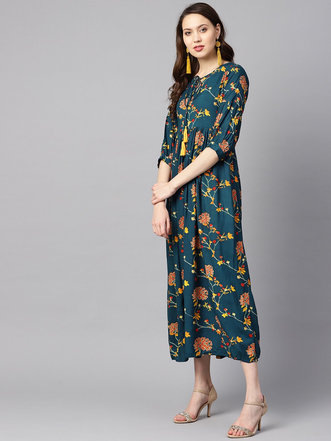 Dark teal Turquiose Floral printed maxi dress with key hole neckline & 3/4 sleeves | NOZ2TOZ - Made In INDIA.