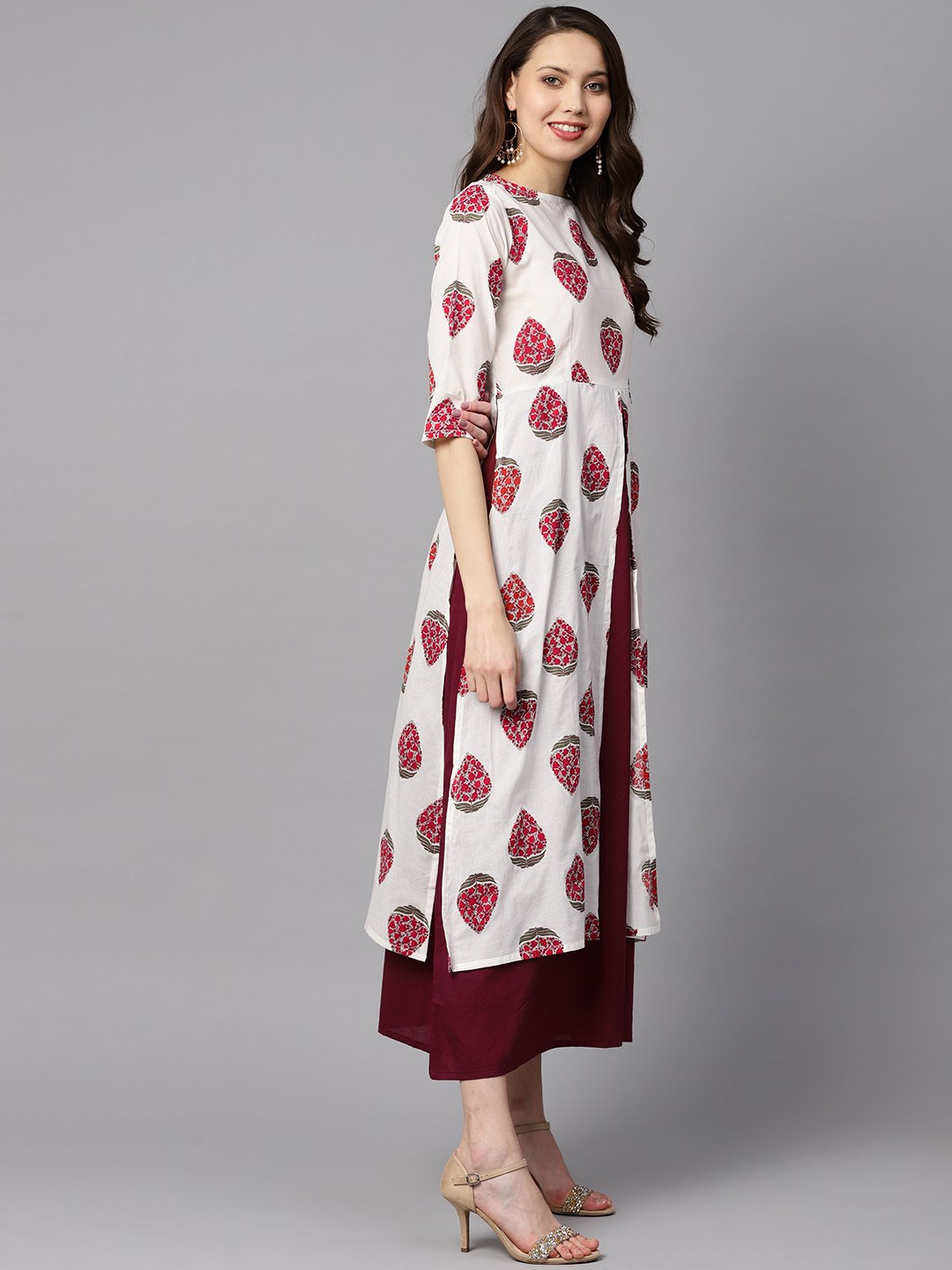 Floral Boota attached with Solid Maroon dress with Multiple Slits & 3/4 sleeves | NOZ2TOZ - Made In INDIA.