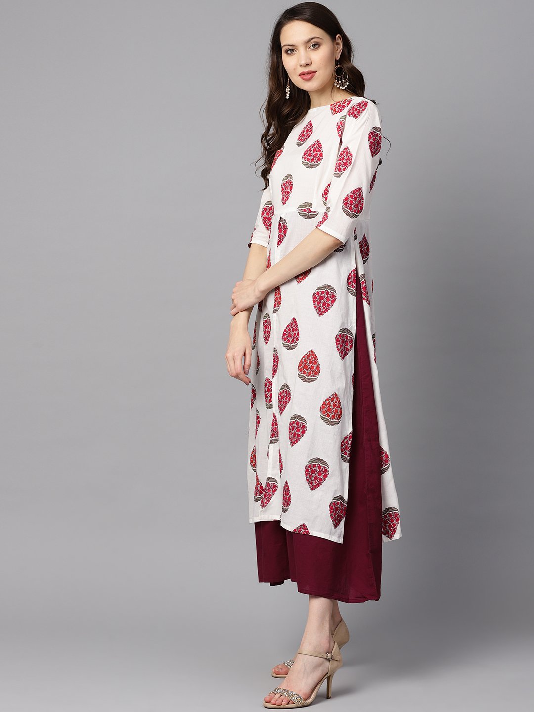 Floral Boota attached with Solid Maroon dress with Multiple Slits & 3/4 sleeves | NOZ2TOZ - Made In INDIA.