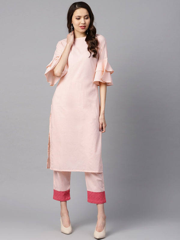 Solid Light Peach Straight Kurta with Flared sleeves & Pants with Shifli detailing | NOZ2TOZ - Made In INDIA.