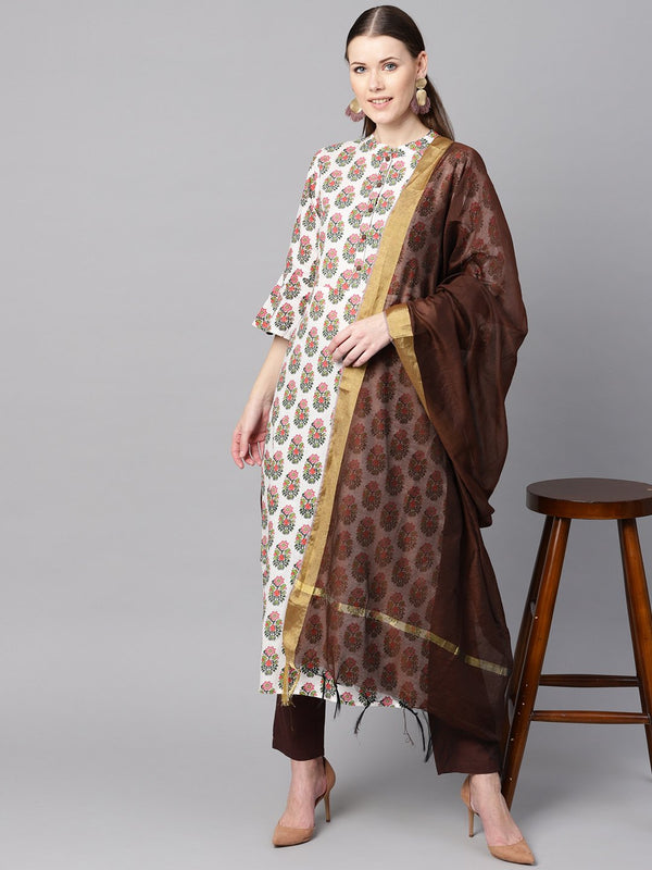 Multi Colored Straight kurta With Solid Chocolate brown pants & dupatta | NOZ2TOZ - Made In INDIA.