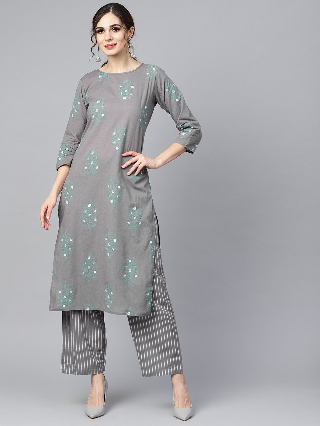 Grey round neck floral printed 3/4th sleeve straight kurta with stripped pants. | NOZ2TOZ - Made In INDIA.