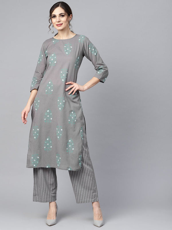 Grey round neck floral printed 3/4th sleeve straight kurta with stripped pants. | NOZ2TOZ - Made In INDIA.