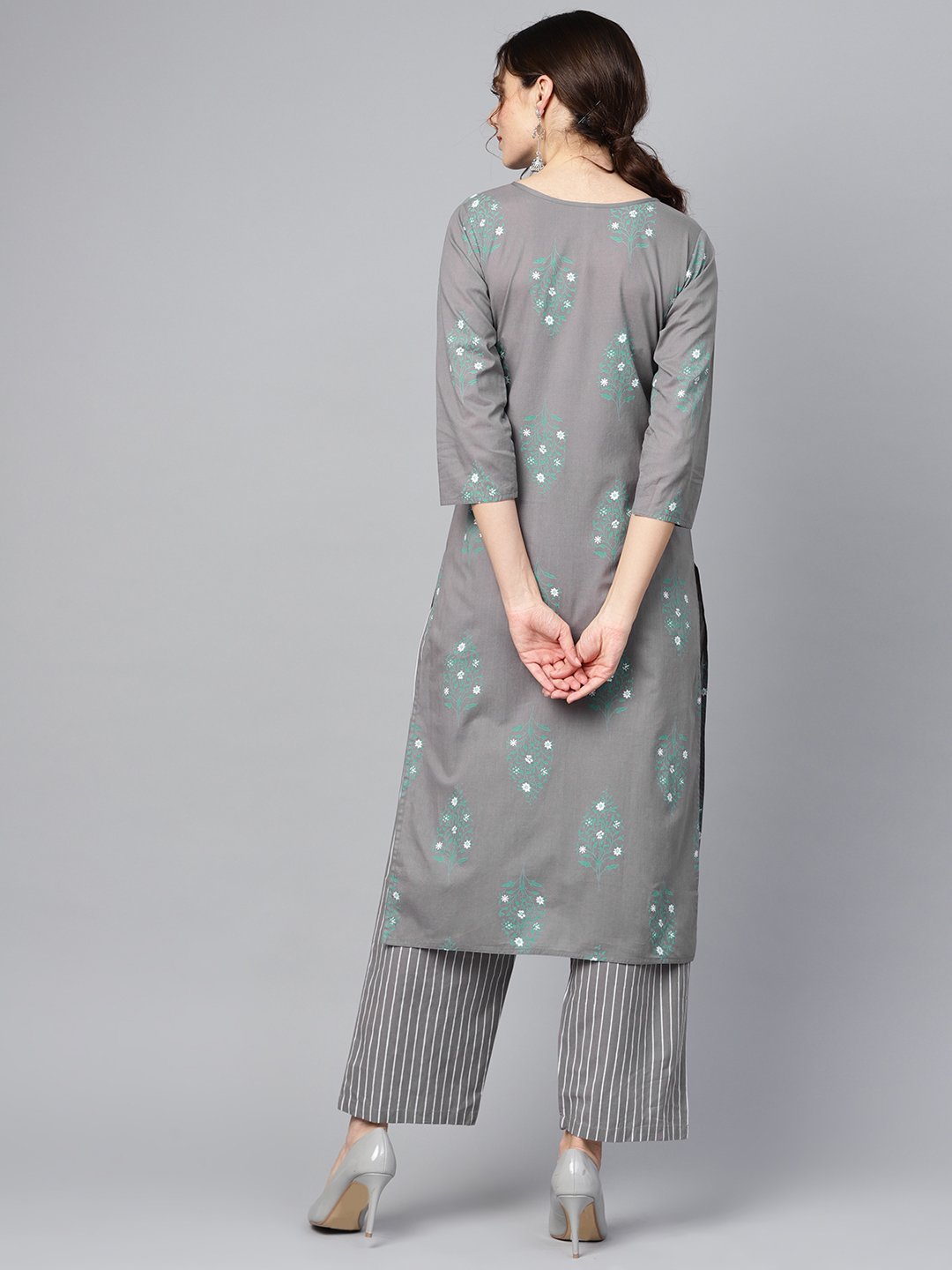 Grey round neck floral printed 3/4th sleeve straight kurta with stripped pants. | NOZ2TOZ - Made In INDIA.