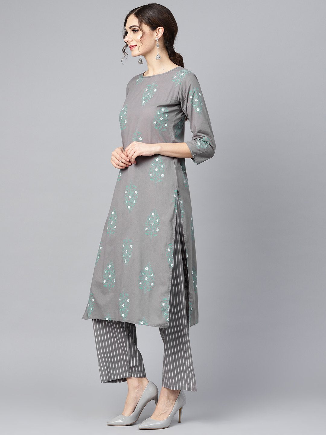 Grey round neck floral printed 3/4th sleeve straight kurta with stripped pants. | NOZ2TOZ - Made In INDIA.