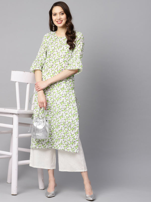 White and green Colored kurta with Flared sleeves & Round neck | NOZ2TOZ - Made In INDIA.