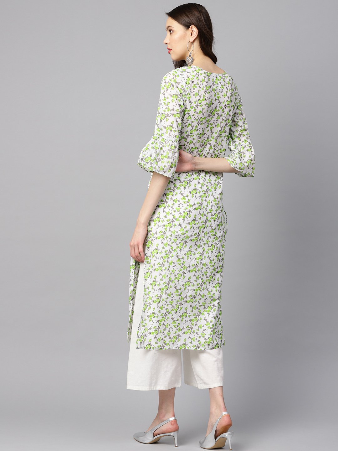 White and green Colored kurta with Flared sleeves & Round neck | NOZ2TOZ - Made In INDIA.