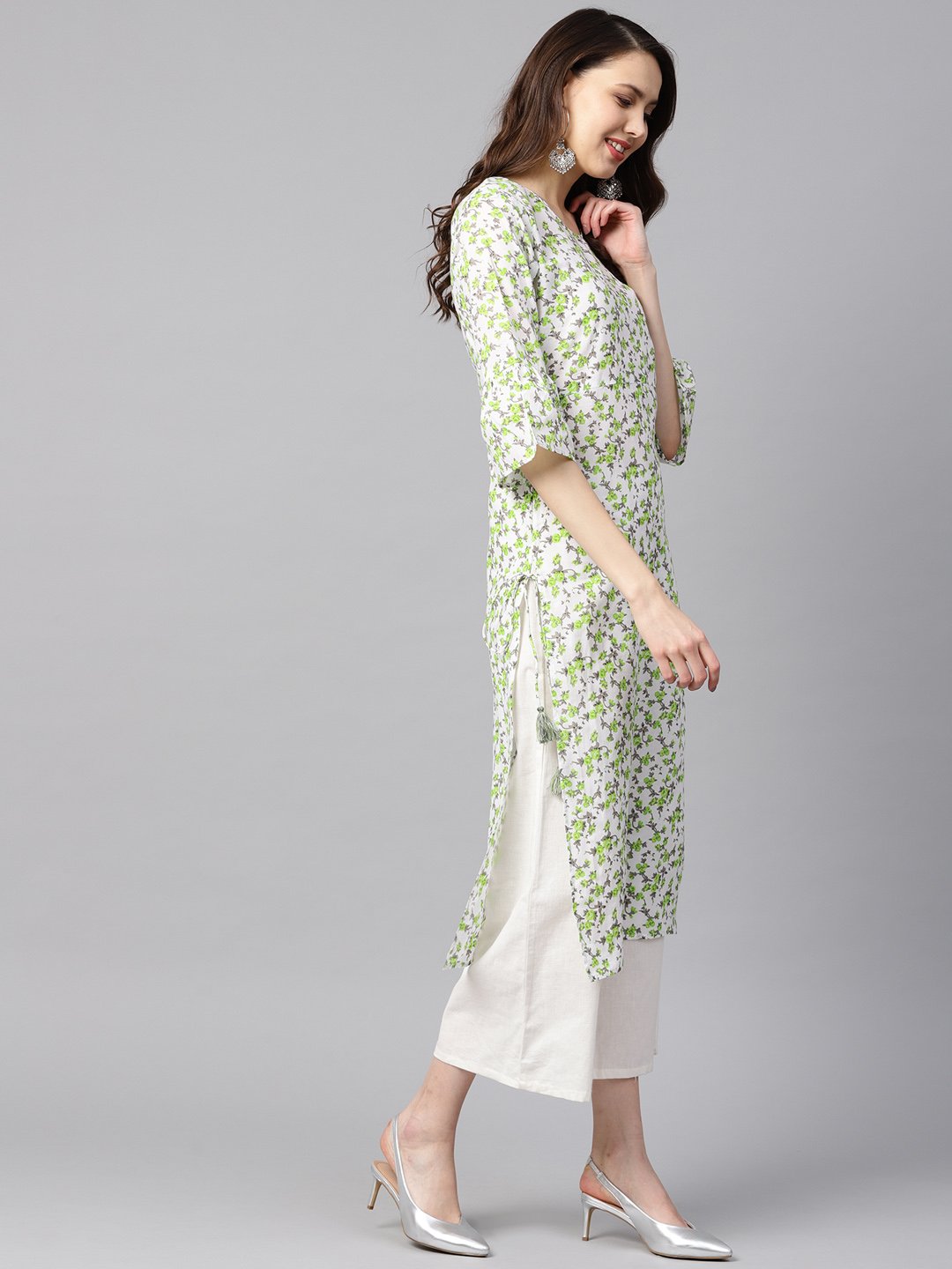 White and green Colored kurta with Flared sleeves & Round neck | NOZ2TOZ - Made In INDIA.