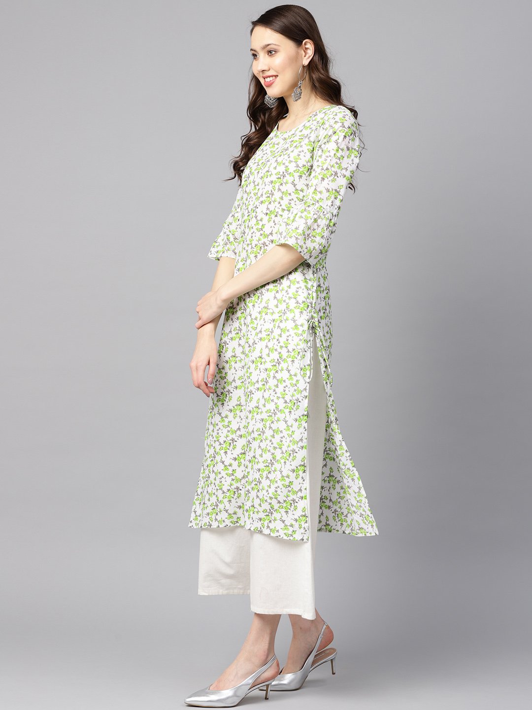 White and green Colored kurta with Flared sleeves & Round neck | NOZ2TOZ - Made In INDIA.