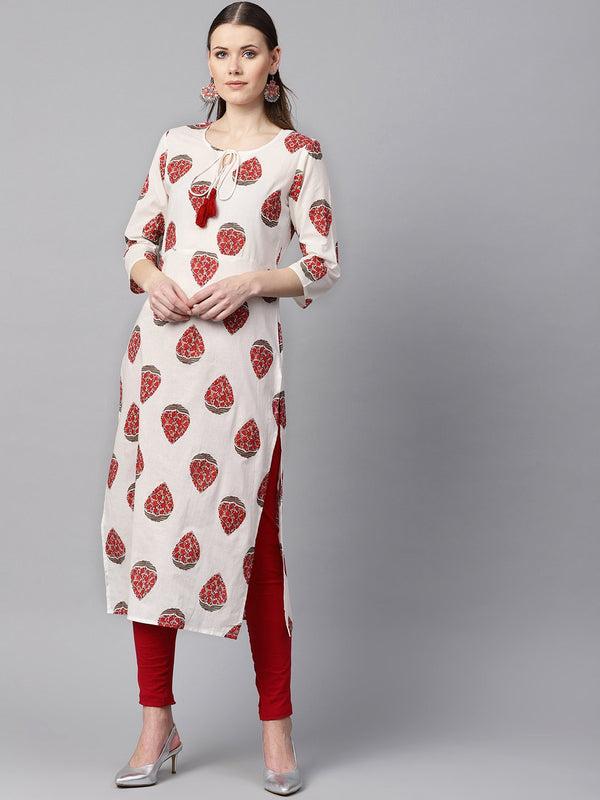 White & Red Printed Kurta with Keyhole neck & 3/4 sleeves | NOZ2TOZ - Made In INDIA.