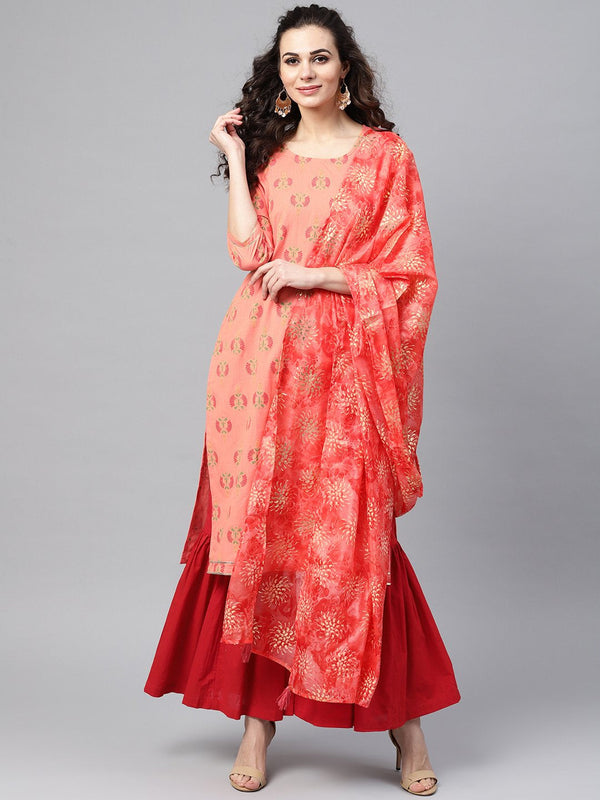 Coral Pink printed Straight Kurta with Sharara & Gold printed Organza Dupatta | NOZ2TOZ - Made In INDIA.