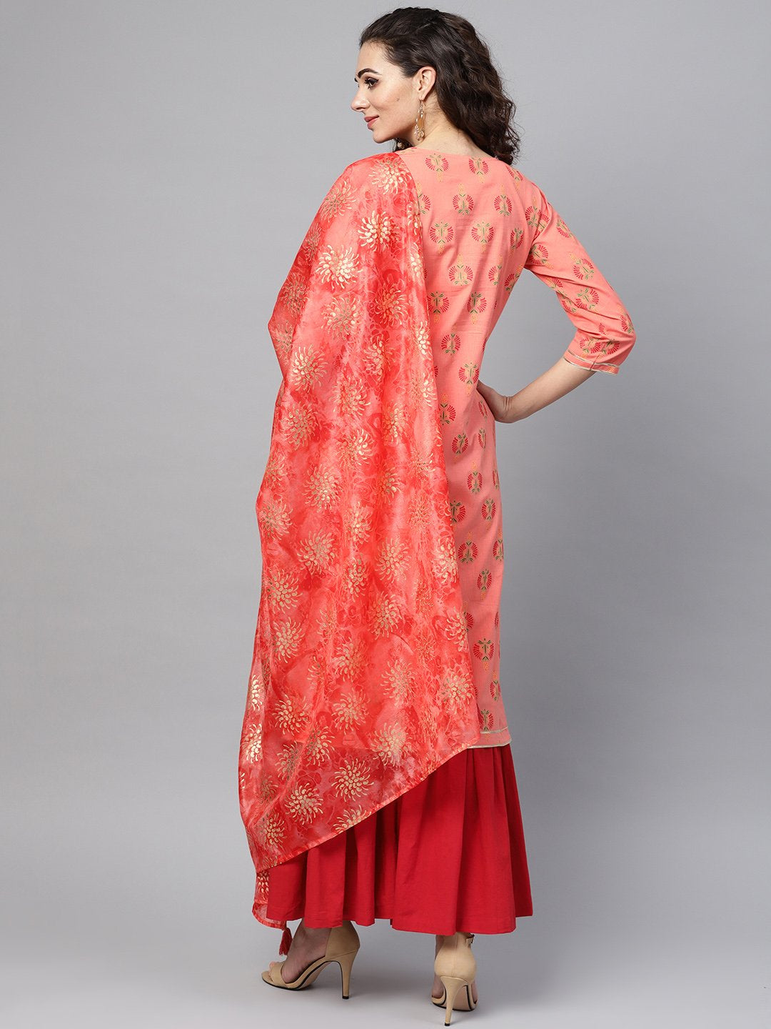 Coral Pink printed Straight Kurta with Sharara & Gold printed Organza Dupatta | NOZ2TOZ - Made In INDIA.