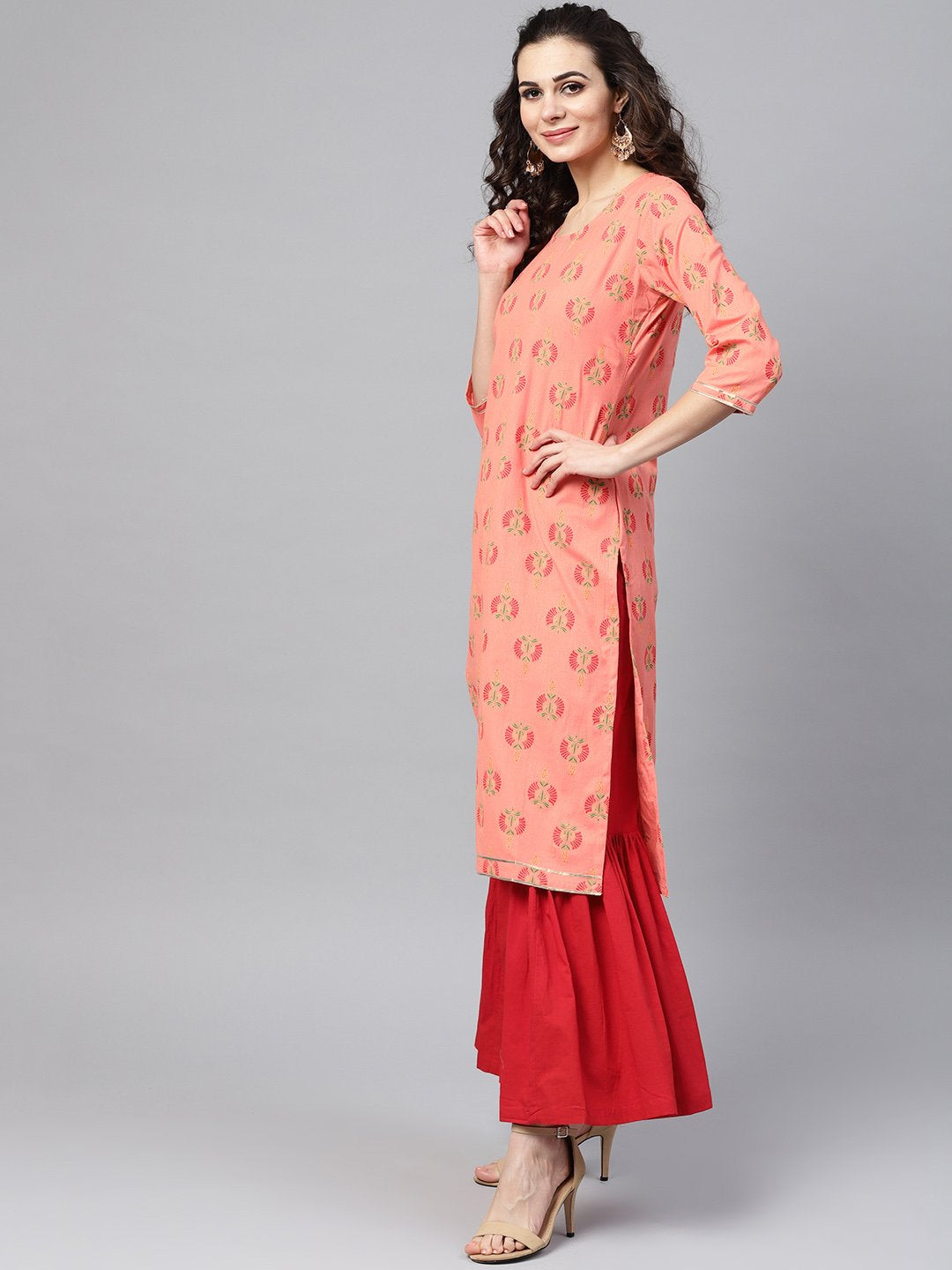 Coral Pink printed Straight Kurta with Sharara & Gold printed Organza Dupatta | NOZ2TOZ - Made In INDIA.