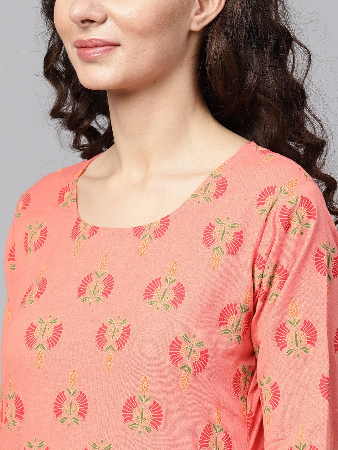 Coral Pink printed Straight Kurta with Sharara & Gold printed Organza Dupatta | NOZ2TOZ - Made In INDIA.