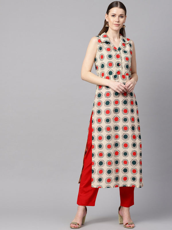 Cream Geometric Printed Straight Kurta with Solid Red Pants | NOZ2TOZ - Made In INDIA.