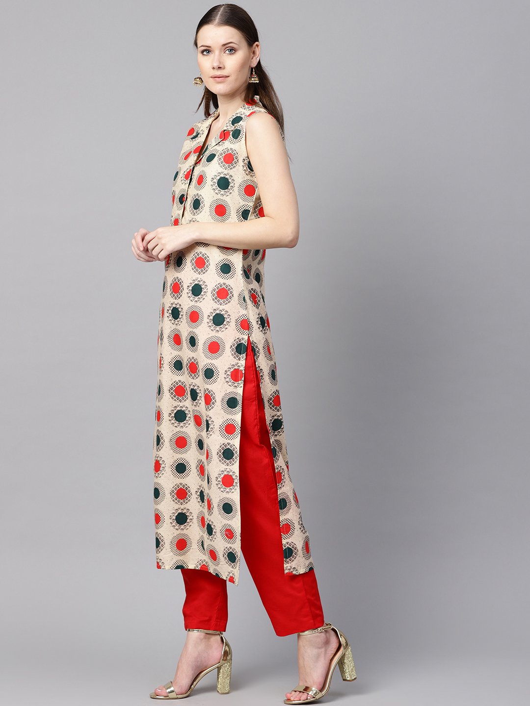 Cream Geometric Printed Straight Kurta with Solid Red Pants | NOZ2TOZ - Made In INDIA.