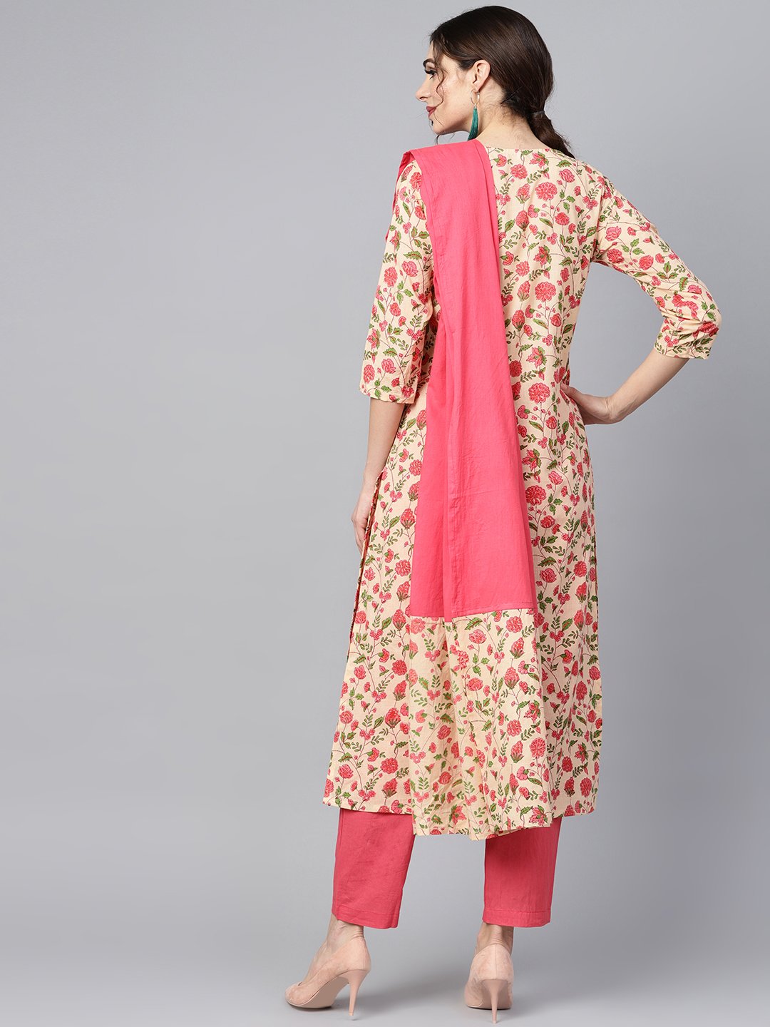 Beige Colored Floral printed Straight Kurta With Solid Pink Pants & Mul dupatta | NOZ2TOZ - Made In INDIA.