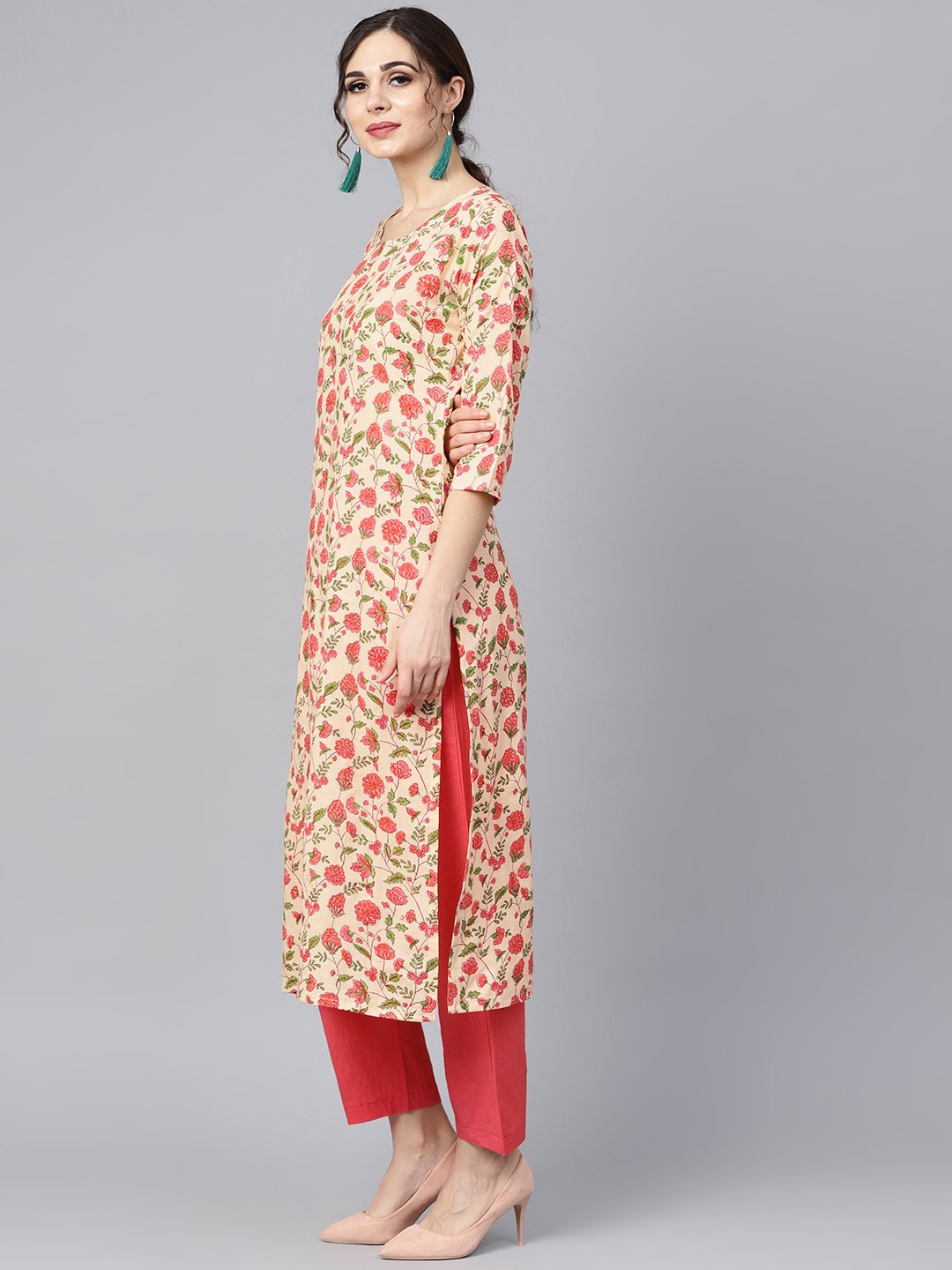 Beige Colored Floral printed Straight Kurta With Solid Pink Pants & Mul dupatta | NOZ2TOZ - Made In INDIA.